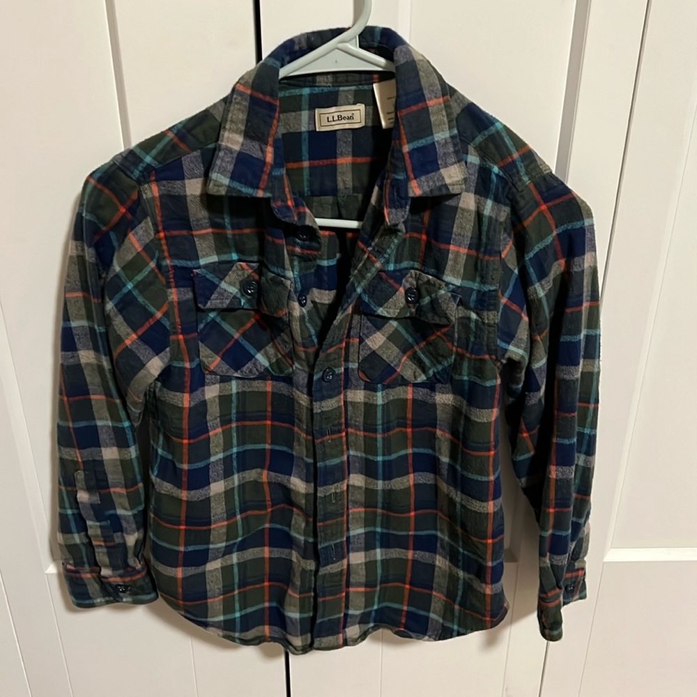 Boys LL bean Flannel, Navy + Orange, Size 8